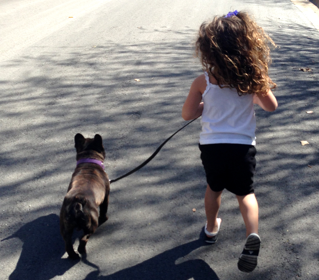 Girl runs with her French Bulldog Puppy